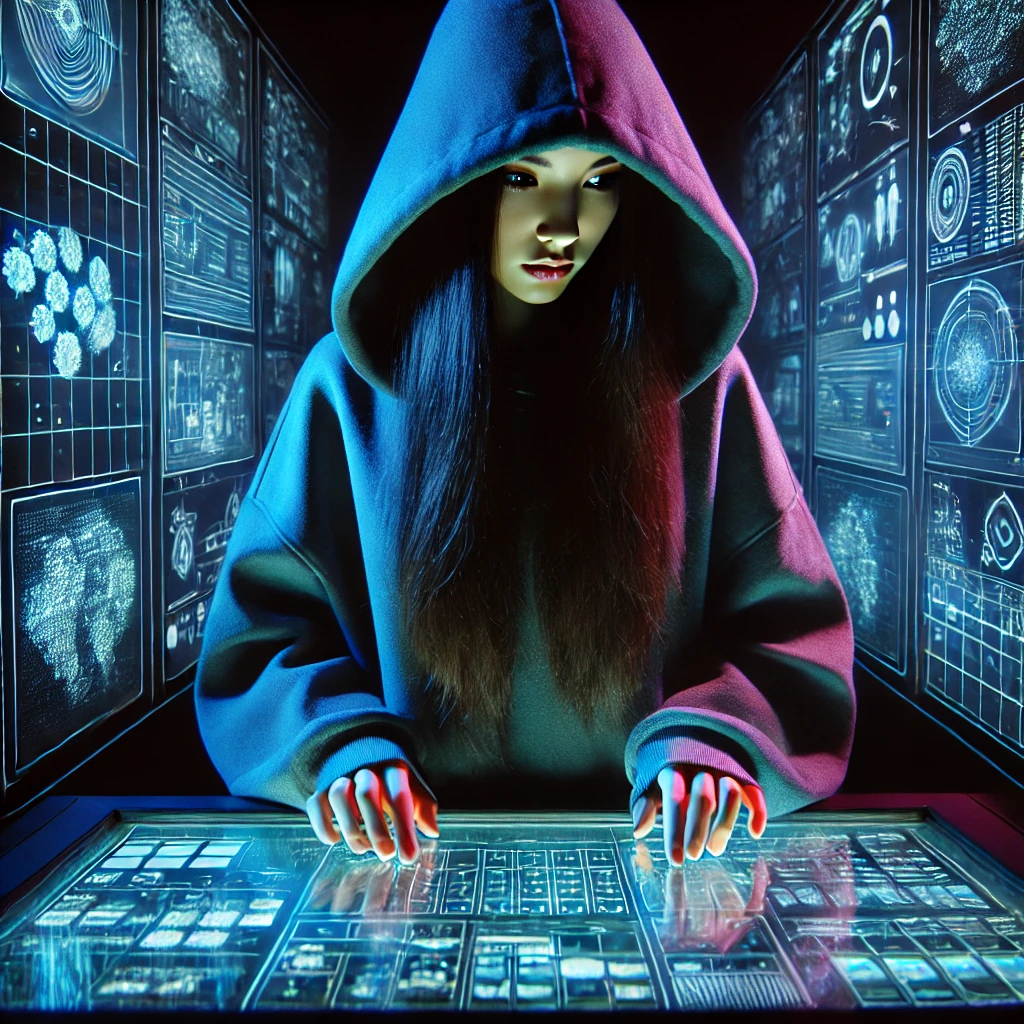 DALL·E 2025-03-09 19.21.08 - A mysterious young woman wearing a hooded sweatshirt with the hood up, completely covering her hair. She is operating a large futuristic touch screen.png